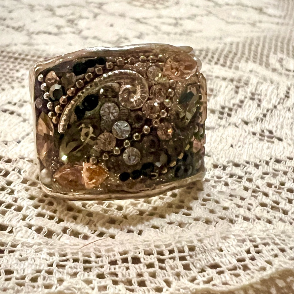 Sterling silver square peach and gray gemstone ring